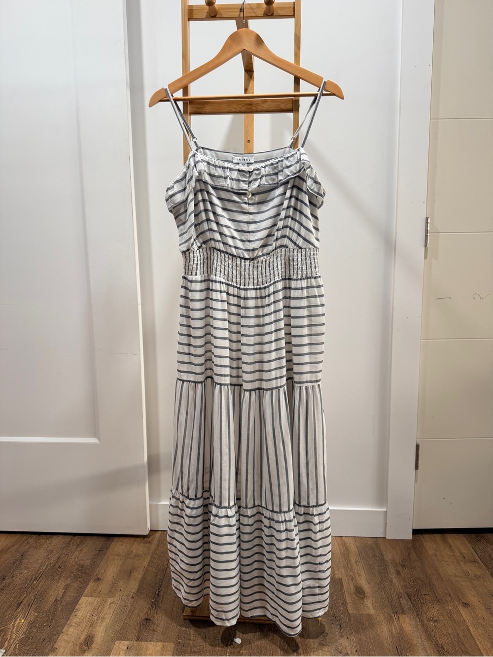 Tribal White and Gray Striped Tiered Maxi Dress